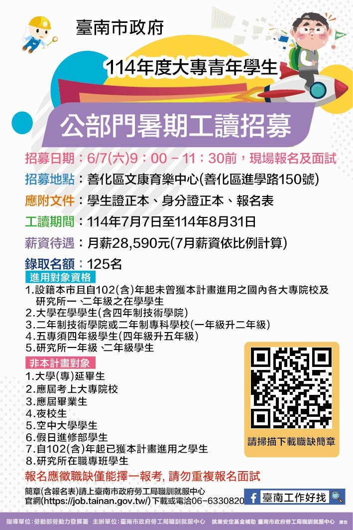 臺南公部門暑期工讀招募